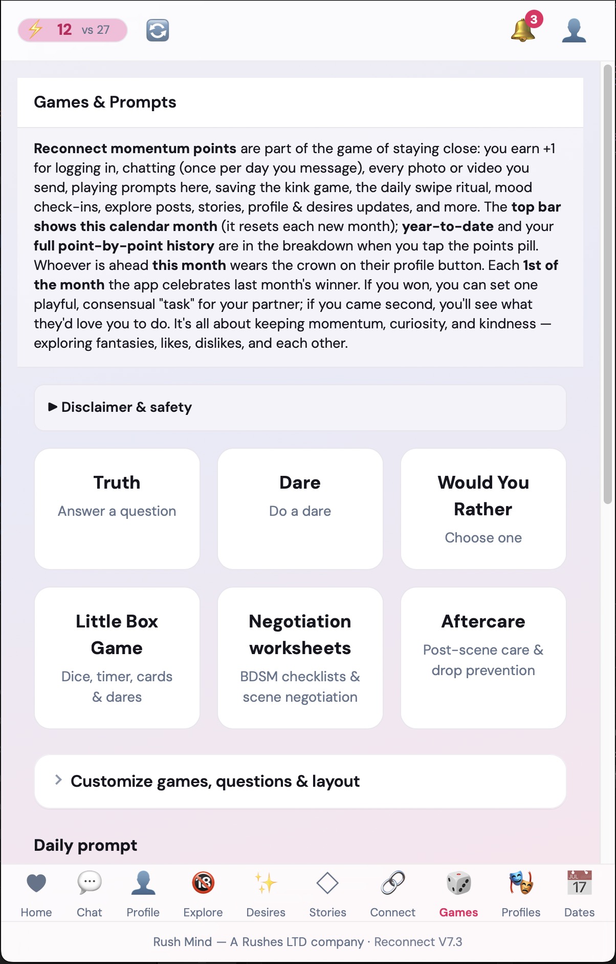 Games screen with couple play activities