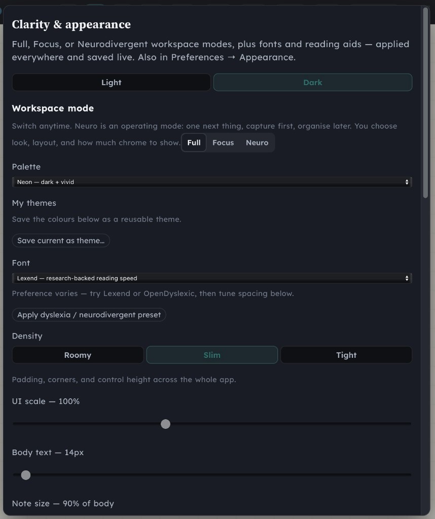 Clarity panel showing Full, Focus, and Neuro workspace modes plus font and density