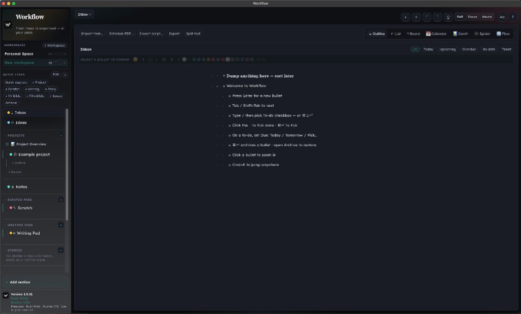 Inbox outline with view switcher for Outline, List, Board, Calendar, Gantt, Spider, and Flow