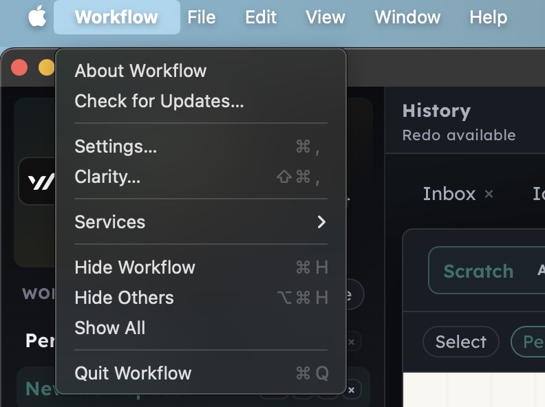 macOS Workflow menu with Check for Updates, Settings, and Clarity